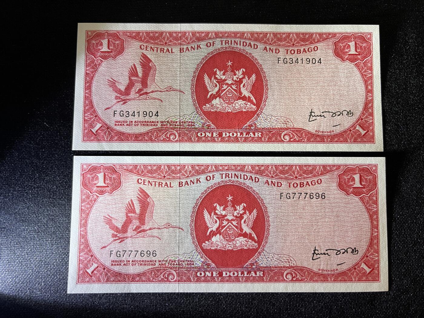 咖啡豆•收藏 2025年Aug_29th世界各国纸币拍卖 2枚 特立尼达和多巴哥 1964年 1元 全新UNC 外国纸币