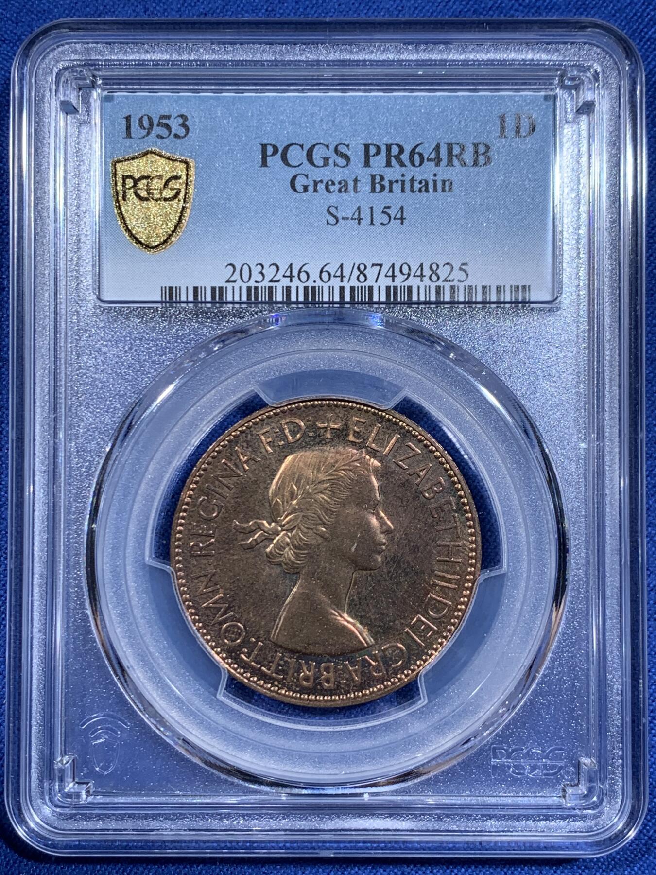 《竞宝斋》第411场 周日，周一，周二，3场连拍 （全场包邮） PCGS PR64RB 英国1953年女王登基1便士精铸大铜，年轻的伊丽莎白女王。凑套必备品种，外拍热门