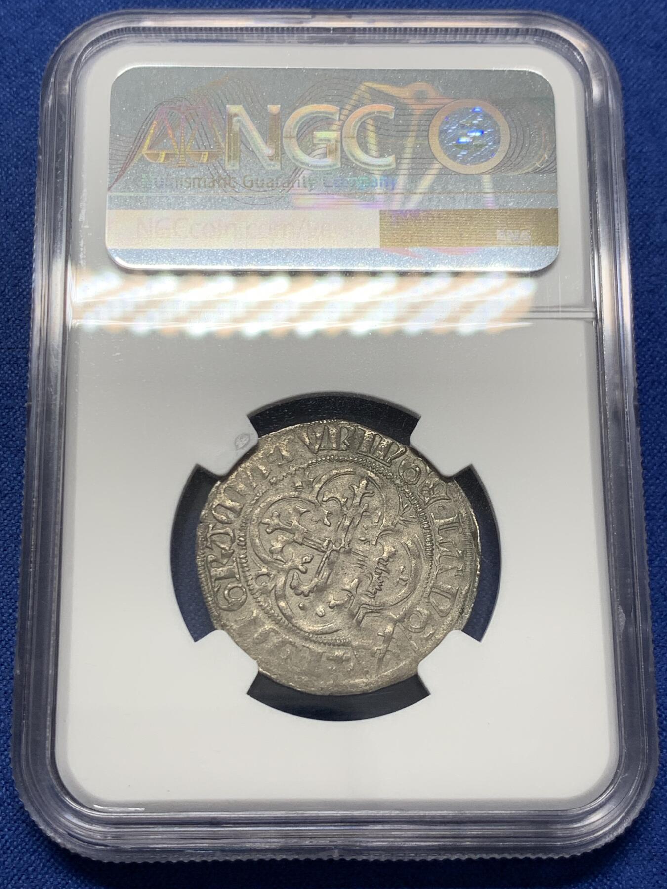 《竞宝斋》第411场 周日，周一，周二，3场连拍 （全场包邮） NGC AU55 德国萨克森 中世纪1格罗申银币 应为1460年左右以萨克森选帝侯弗里德里希二世名义打制