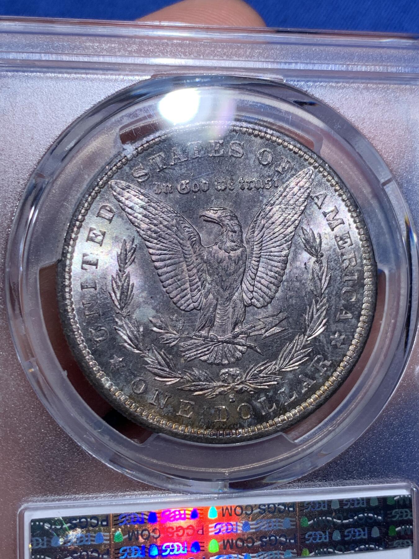 《竞宝斋》第411场 周日，周一，周二，3场连拍 （全场包邮） PCGS MS65 美国 1879年 1美元 摩根 银币 双面淡彩包浆 丝滑转光