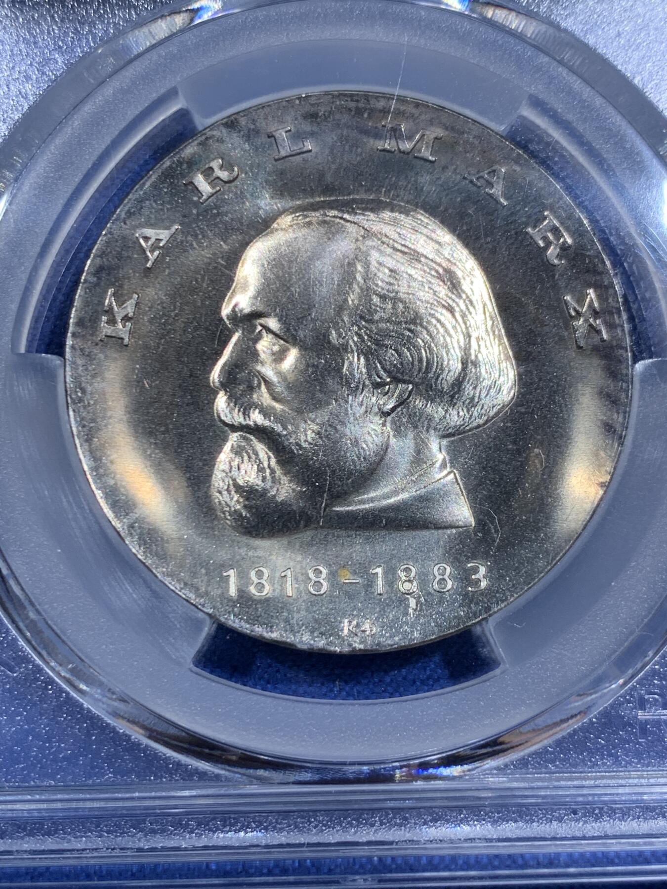 《竞宝斋》第411场 周日，周一，周二，3场连拍 （全场包邮） PCGS MS66 高分！1968东德20马克银币 大热品种 马克思诞辰150周年 难出分品种 人像立体感极强 品相一流