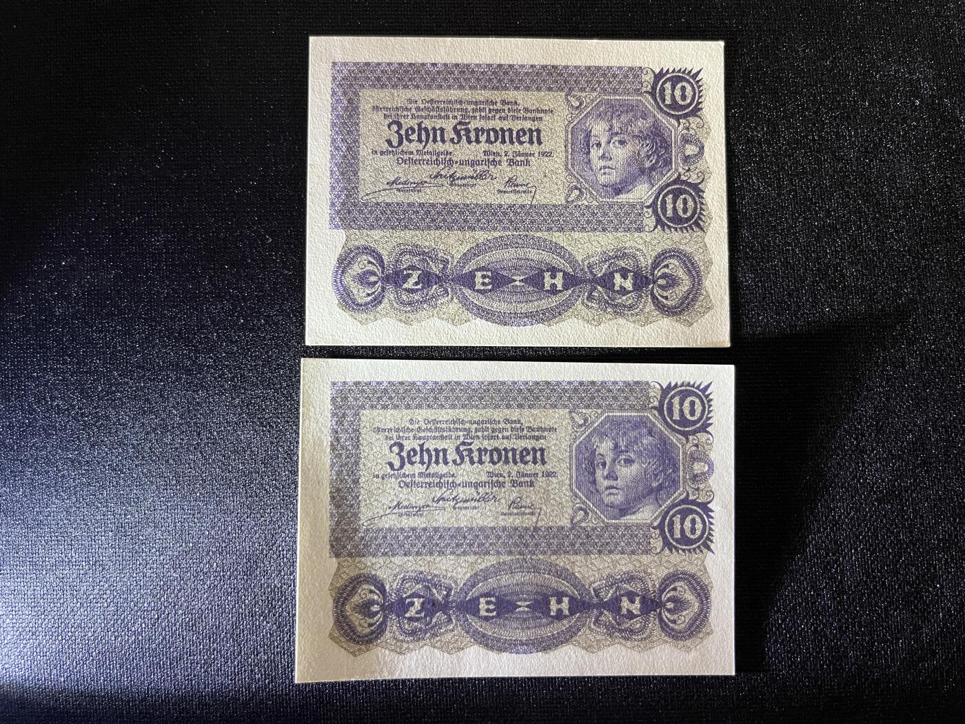 咖啡豆•收藏 2025年Aug_29th世界各国纸币拍卖 2枚 奥地利 1922年 10克朗 全新UNC 外国纸币