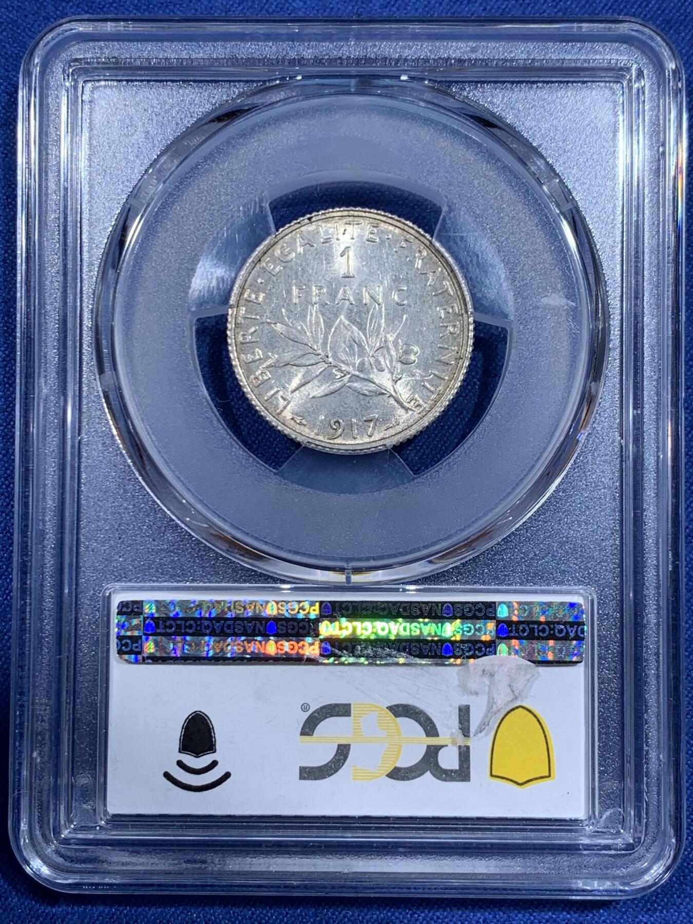 《竞宝斋》第411场 周日，周一，周二，3场连拍 （全场包邮） PCGS MS63 法国1917年播种女神1法郎银币