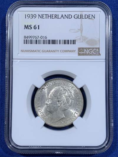 《竞宝斋》第411场 周日，周一，周二，3场连拍 （全场包邮） - NGC MS61 荷兰 1939 威廉明娜女王 1盾 银币