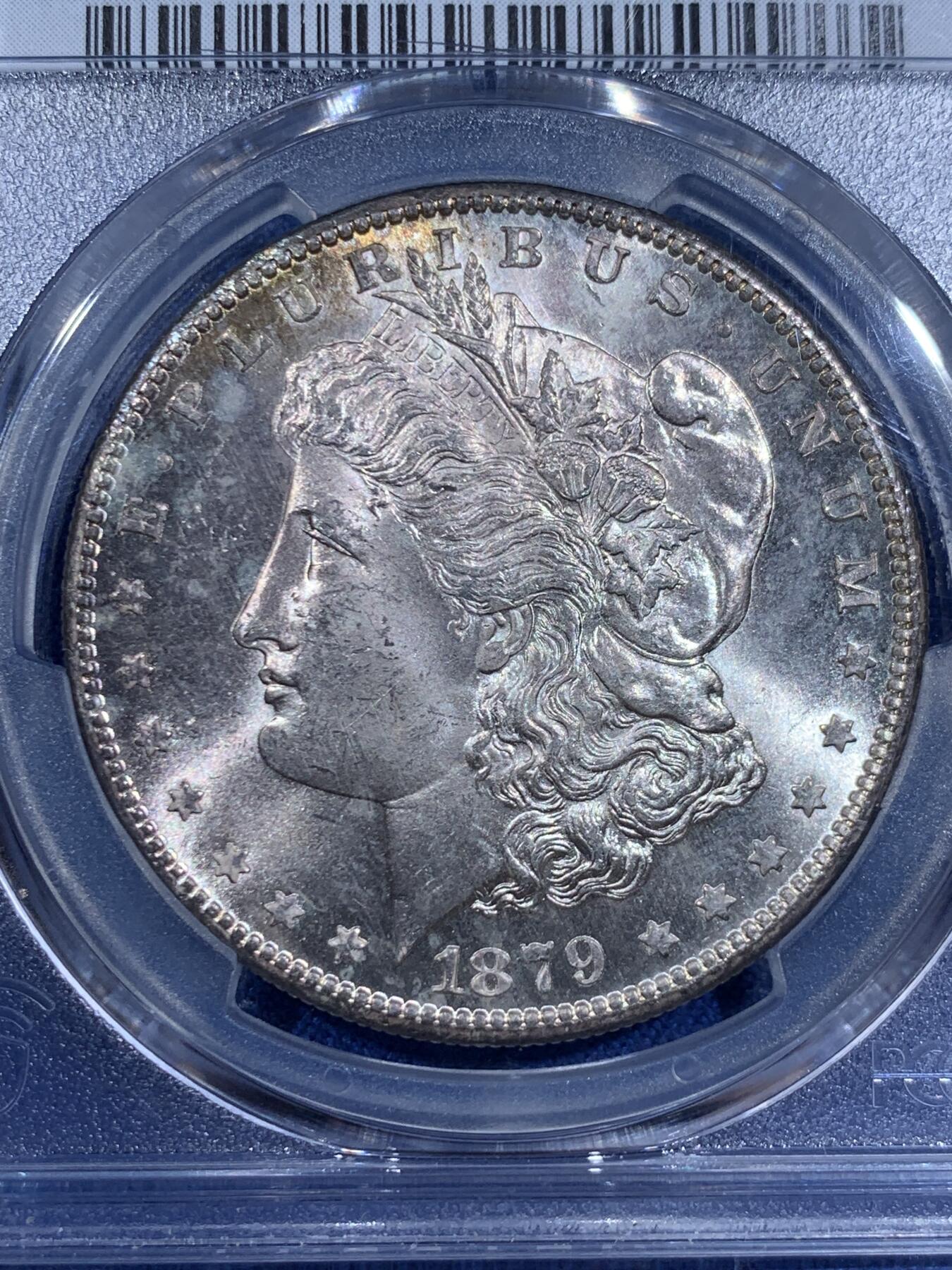 《竞宝斋》第411场 周日，周一，周二，3场连拍 （全场包邮） PCGS MS65 美国 1879年 1美元 摩根 银币 双面淡彩包浆 丝滑转光