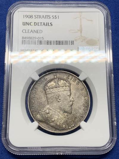 《竞宝斋》第412场 周日，周一，周二，3场连拍 （全场包邮） - NGC UNC 英属海峡1908年爱德华七世一元银币，流通充分品种，UNC很少见，黑包浆，状态佳。