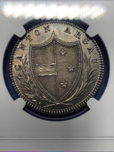 《竞宝斋》第412场 周日，周一，周二，3场连拍 （全场包邮） NGC MS64 瑞士 1809 阿尔高 雇佣兵 20巴增银币 该系列的最大面值 双面深打 高点保持的很好 1.4W的发行量值得收藏