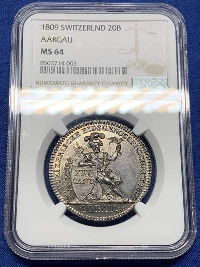《竞宝斋》第412场 周日，周一，周二，3场连拍 （全场包邮） NGC MS64 瑞士 1809 阿尔高 雇佣兵 20巴增银币 该系列的最大面值 双面深打 高点保持的很好 1.4W的发行量值得收藏