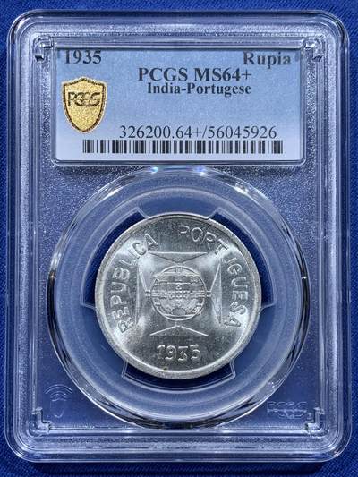 《竞宝斋》第412场 周日，周一，周二，3场连拍 （全场包邮） - PCGS MS64+ 葡属印度1935年一卢比银币