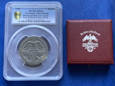 《竞宝斋》第412场 周日，周一，周二，3场连拍 （全场包邮） - PCGS SP64 德国帝国莱比锡 1936年血与土纪念章 P加大盒装 带盒