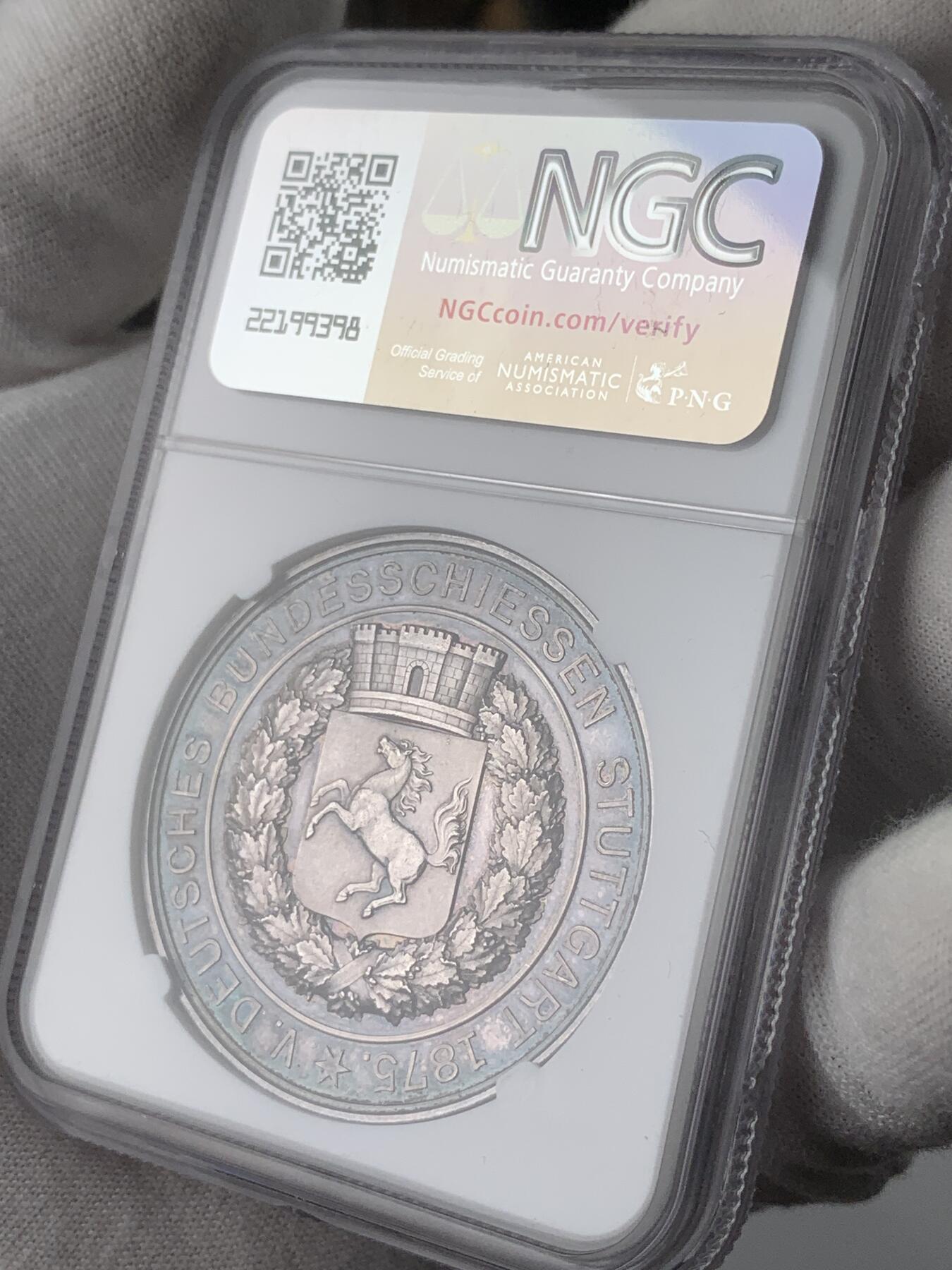 掌中浮雕-藏着的欧洲第034场 NGC MS63 : 1875年德国斯图加特射击节银章，41mm，带原盒