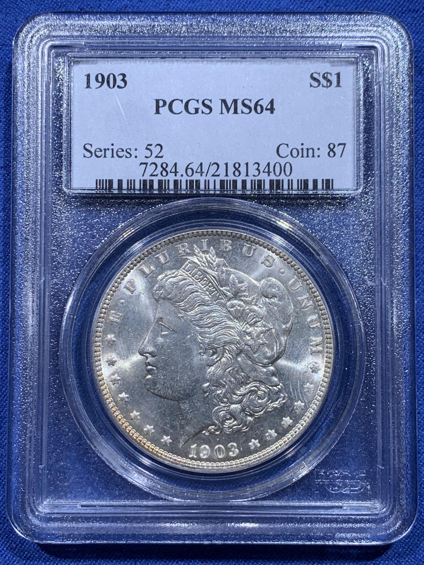 《竞宝斋》第412场 周日，周一，周二，3场连拍 （全场包邮） PCGS MS64 美国 1903年 1美元 摩根银币 后期少年 经典老白盒 状态属于同分中的好品