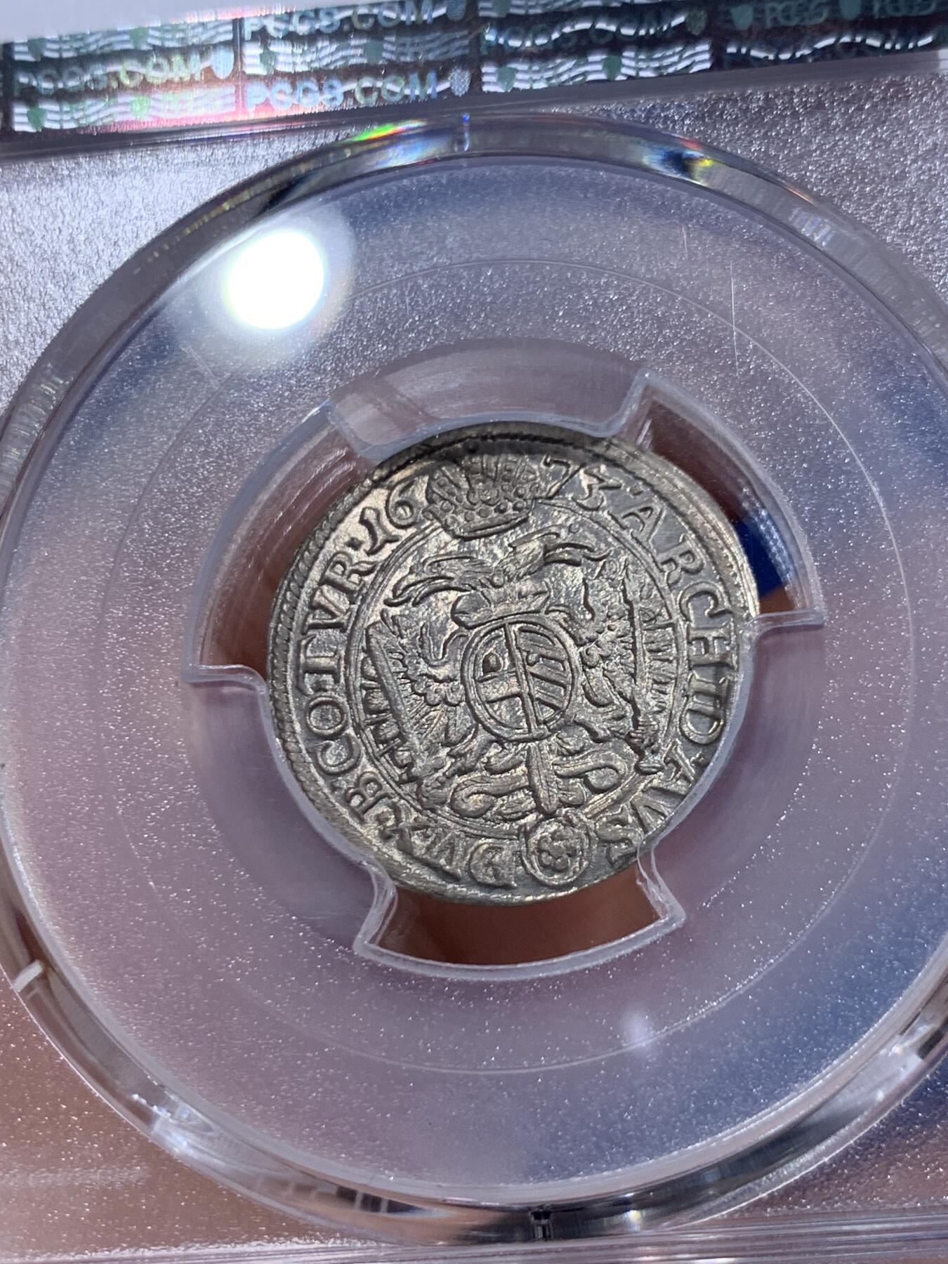 《竞宝斋》第412场 周日，周一，周二，3场连拍 （全场包邮） PCGS MS65 神圣罗马帝国1673年利奥波德一世3克鲁泽银币 冠军分，无与伦比的光泽和品相，极其难得，第二名只有58分