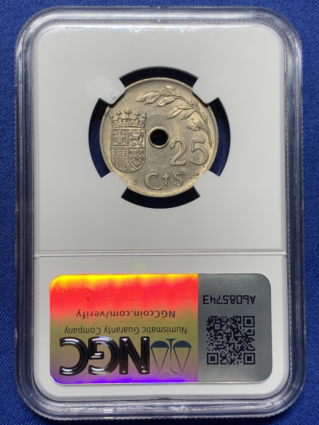 《竞宝斋》第412场 周日，周一，周二，3场连拍 （全场包邮） NGC MS63 西班牙 1937年 内战版 25分 原光镍币 好品非常少