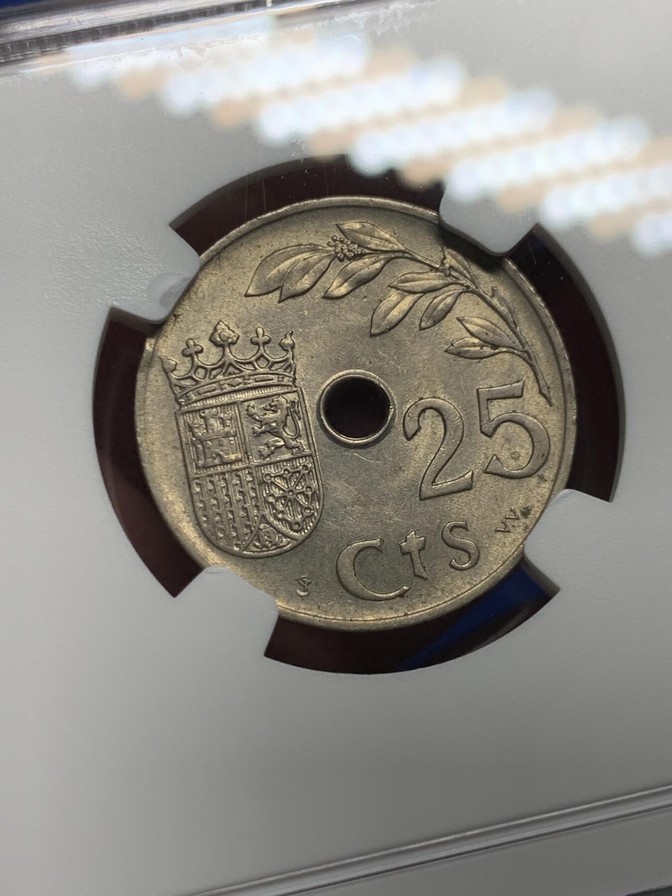 《竞宝斋》第412场 周日，周一，周二，3场连拍 （全场包邮） NGC MS63 西班牙 1937年 内战版 25分 原光镍币 好品非常少