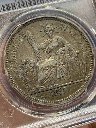 《竞宝斋》第412场 周日，周一，周二，3场连拍 （全场包邮） PCGS XF45 法属印支1887年加重版坐洋银币