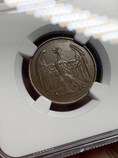 《竞宝斋》第412场 周日，周一，周二，3场连拍 （全场包邮） NGC MS62BN 德国 1932A 魏玛共和国4芬尼铜币，面值少见，巧克力包浆漂亮。