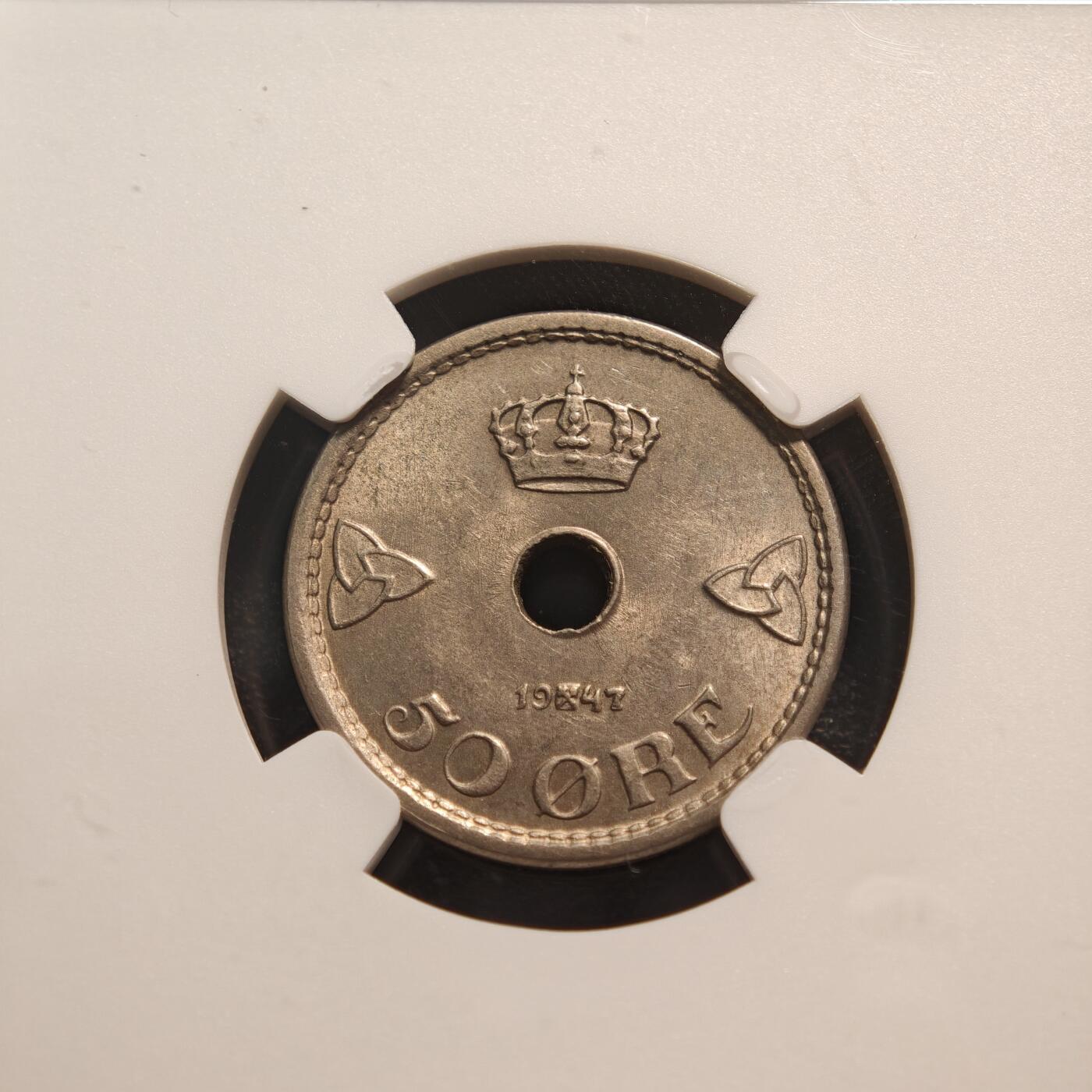 【德藏】世界币章拍卖第143期（拍品征集中~欢迎藏友联系） 1947年 挪威50欧尔镍币 NGC MS62 转光 状态极佳