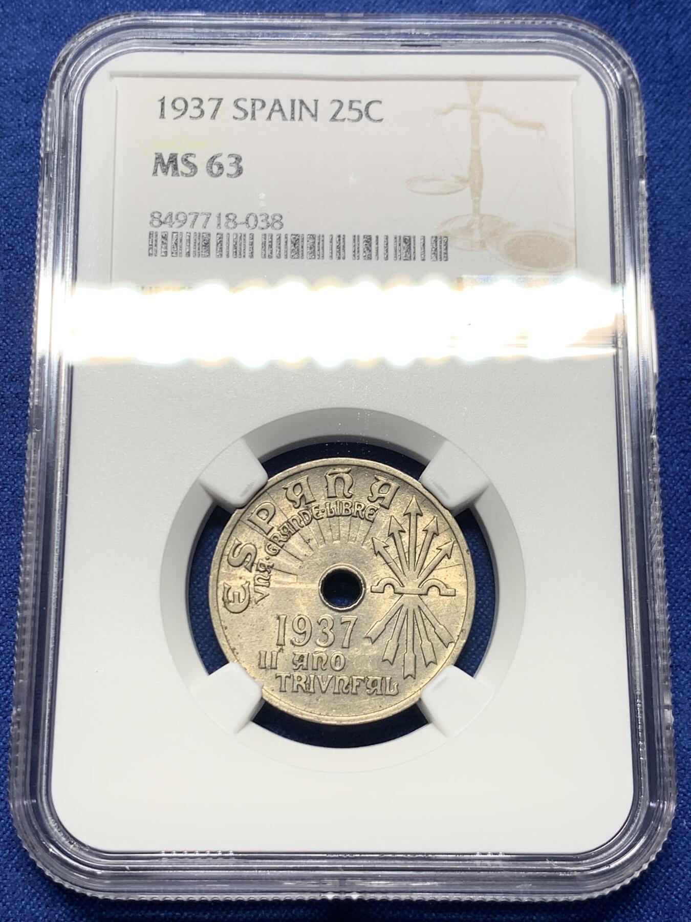 《竞宝斋》第412场 周日，周一，周二，3场连拍 （全场包邮） NGC MS63 西班牙 1937年 内战版 25分 原光镍币 好品非常少