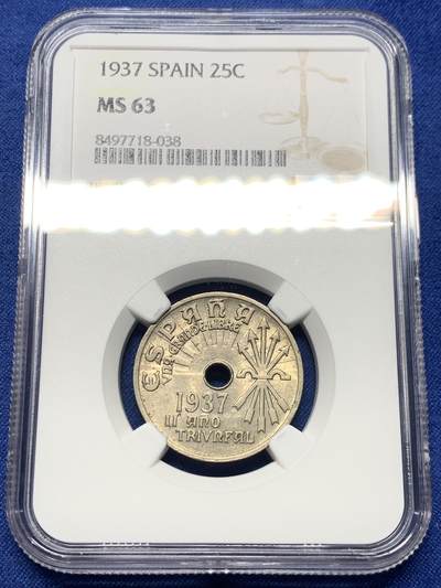 《竞宝斋》第412场 周日，周一，周二，3场连拍 （全场包邮） - NGC MS63 西班牙 1937年 内战版 25分 原光镍币 好品非常少