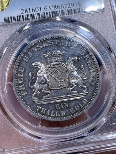 《竞宝斋》第412场 周日，周一，周二，3场连拍 （全场包邮） PCGS MS63 德国1871年不莱梅自由市普法战争胜利纪念1泰勒银币 原味老包浆转光 高点明显