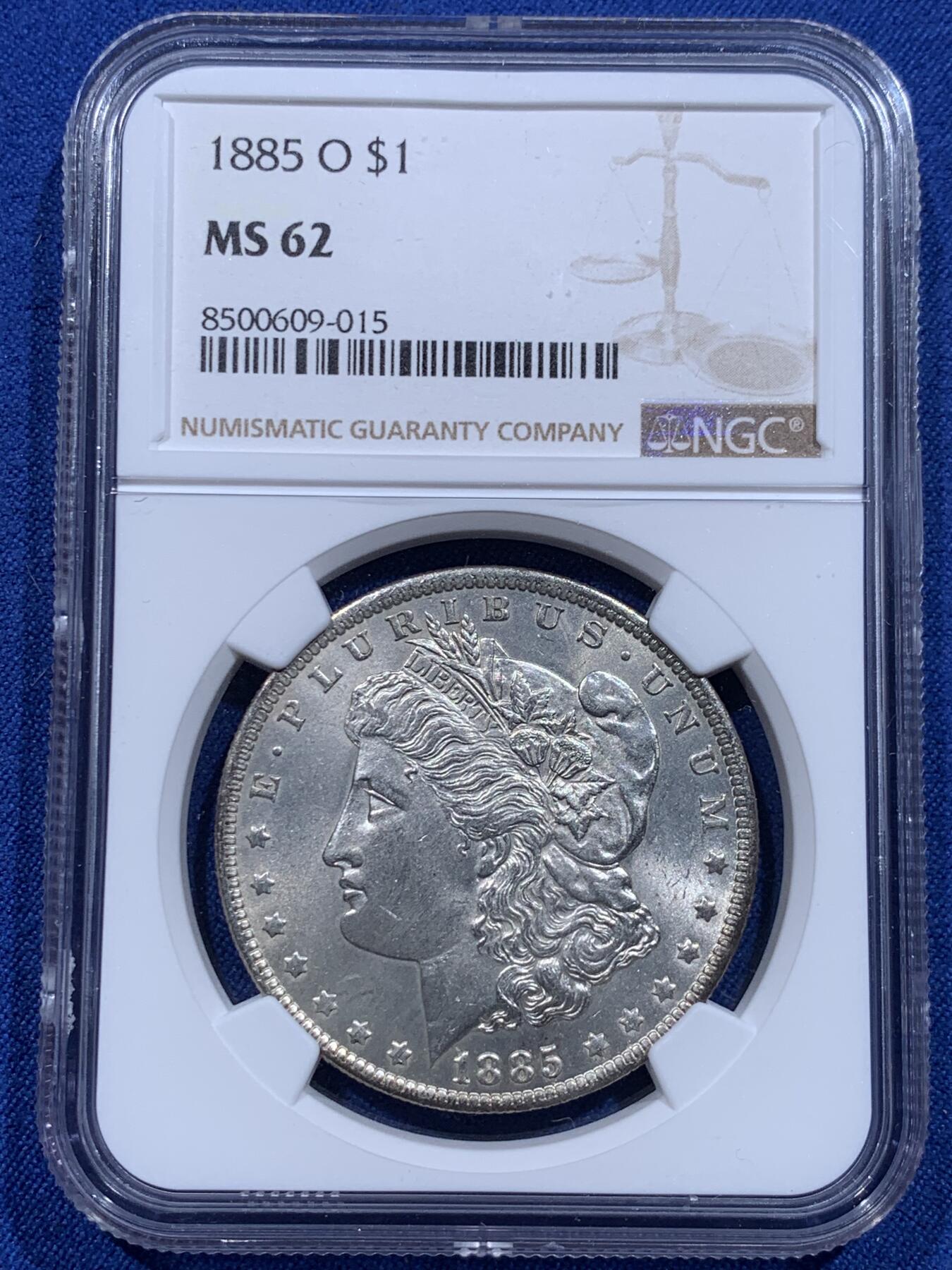 《竞宝斋》第412场 周日，周一，周二，3场连拍 （全场包邮） NGC MS62 美国1885-O摩根一美元银币