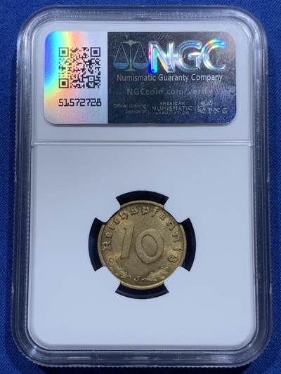 《竞宝斋》第412场 周日，周一，周二，3场连拍 （全场包邮） NGC MS62 德国 1938J 10芬尼 铜币