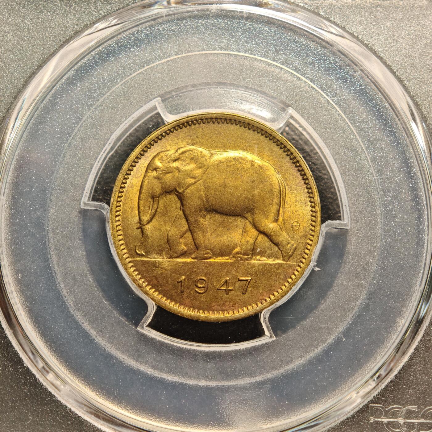 【德藏】世界币章拍卖第143期（拍品征集中~欢迎藏友联系） 1947年 比属刚果大象2法郎铜币 PCGS MS64 原光十足