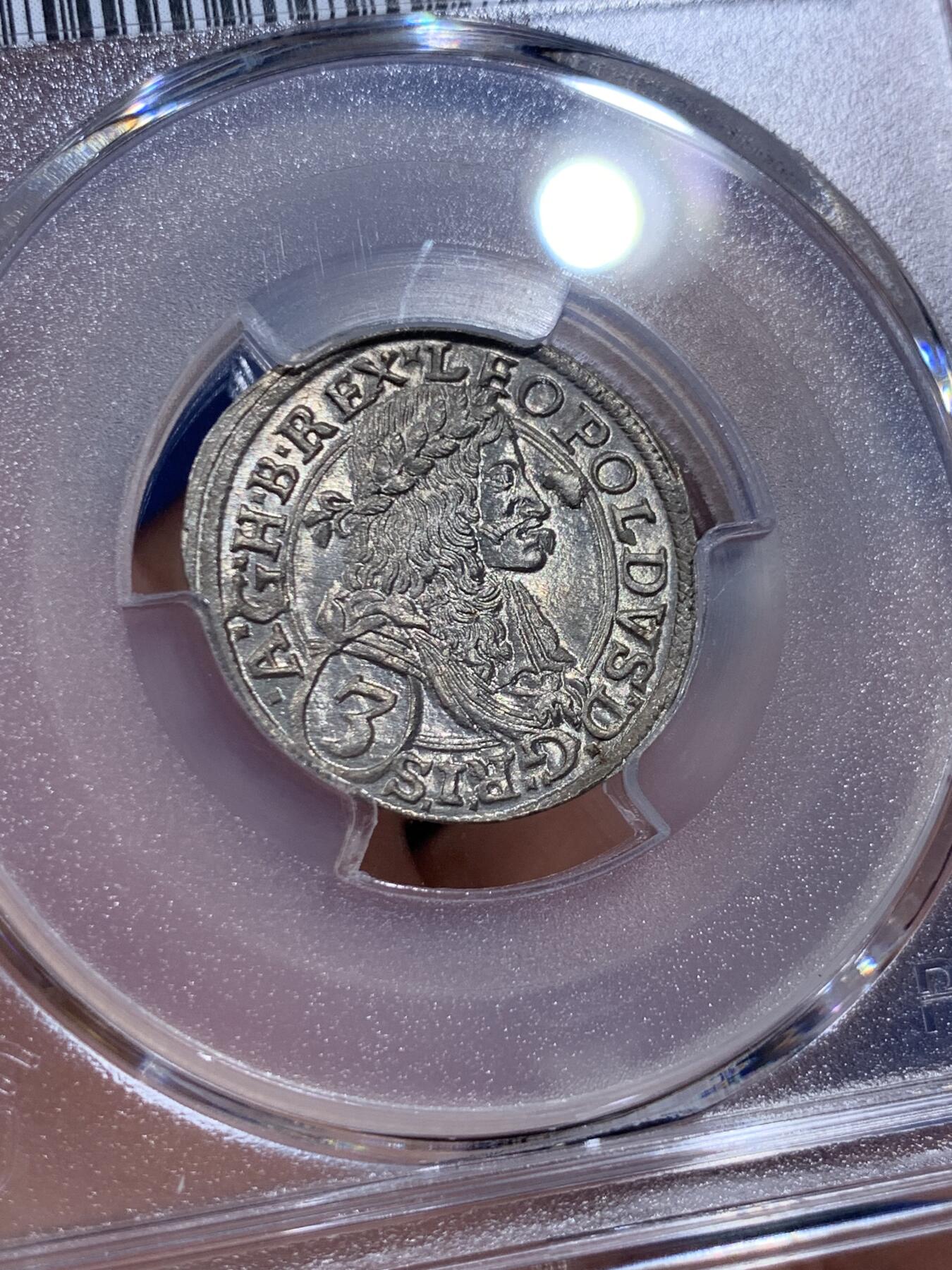 《竞宝斋》第412场 周日，周一，周二，3场连拍 （全场包邮） PCGS MS65 神圣罗马帝国1673年利奥波德一世3克鲁泽银币 冠军分，无与伦比的光泽和品相，极其难得，第二名只有58分