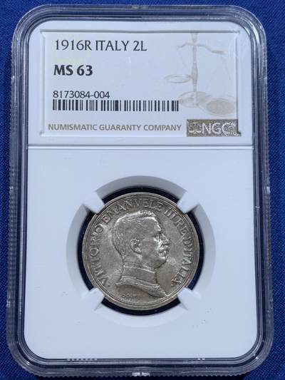 《竞宝斋》第412场 周日，周一，周二，3场连拍 （全场包邮） - NGC MS63 意大利 1916 马车 2里拉 银币 埃马努埃莱三世 五彩老包浆