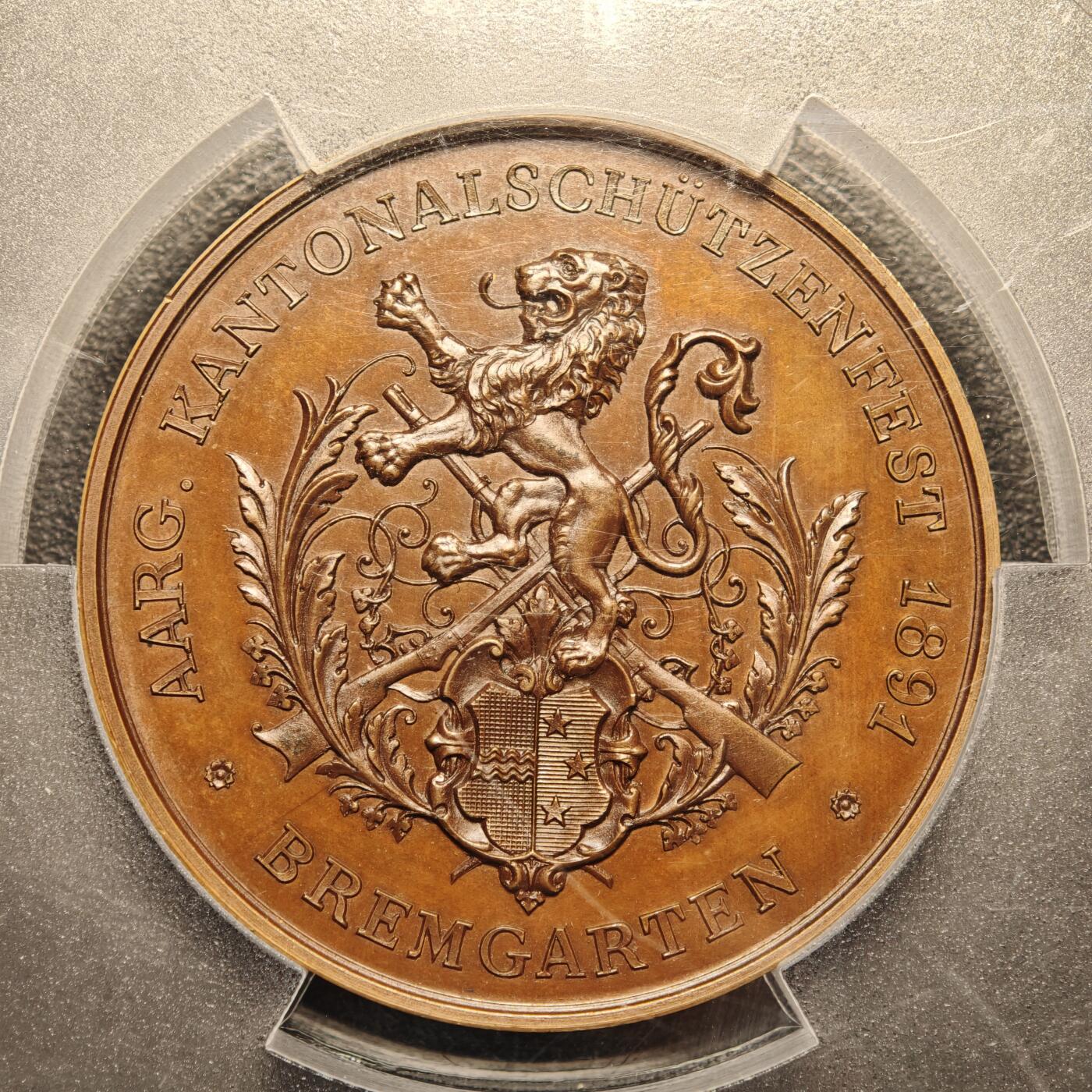【德藏】世界币章拍卖第143期（拍品征集中~欢迎藏友联系） 1891年 瑞士阿尔高射击节45mm纪念大铜章 PCGS MS65BN 大盒封装 人物及盾徽立体感极强