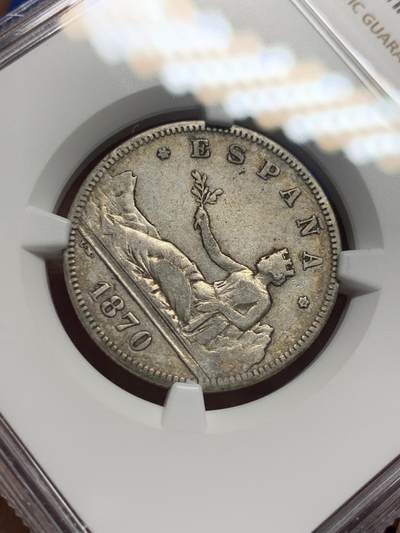 《竞宝斋》第412场 周日，周一，周二，3场连拍 （全场包邮） NGC XF40 西班牙坐人1870年拿花女神双柱2比塞塔银币