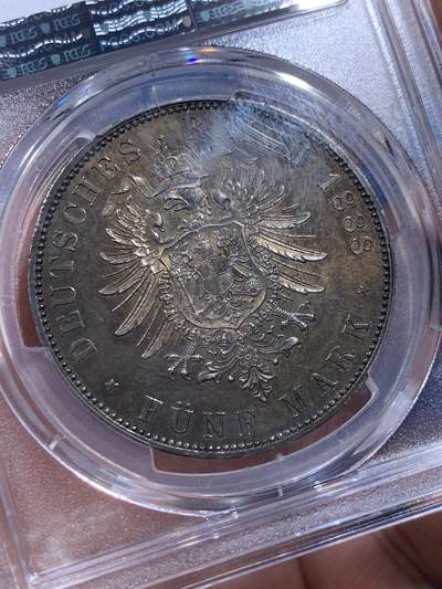 《竞宝斋》第412场 周日，周一，周二，3场连拍 （全场包邮） PCGS MS61 德国1888年普鲁士三皇年弗雷德里希三世短翅5马克 非常难得的醇厚酱彩包浆