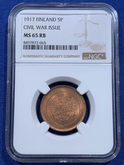 《竞宝斋》第412场 周日，周一，周二，3场连拍 （全场包邮） - NGC MS65RB 芬兰1917年内战版5盆尼大铜币 币面很大 高分不易 这枚完全是RD状态 鹰的细节极为清晰 栩栩如生 极少见的好状态