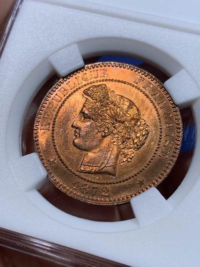 《竞宝斋》第412场 周日，周一，周二，3场连拍 （全场包邮） 法国1872年谷物女神10分铜币 高细节好品