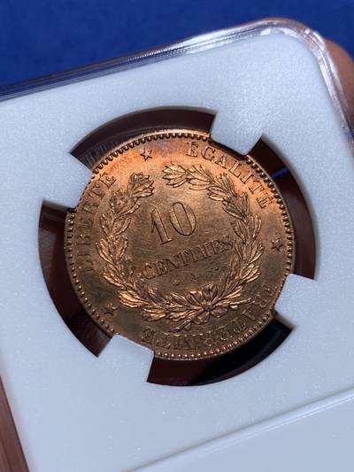 《竞宝斋》第412场 周日，周一，周二，3场连拍 （全场包邮） 法国1872年谷物女神10分铜币 高细节好品