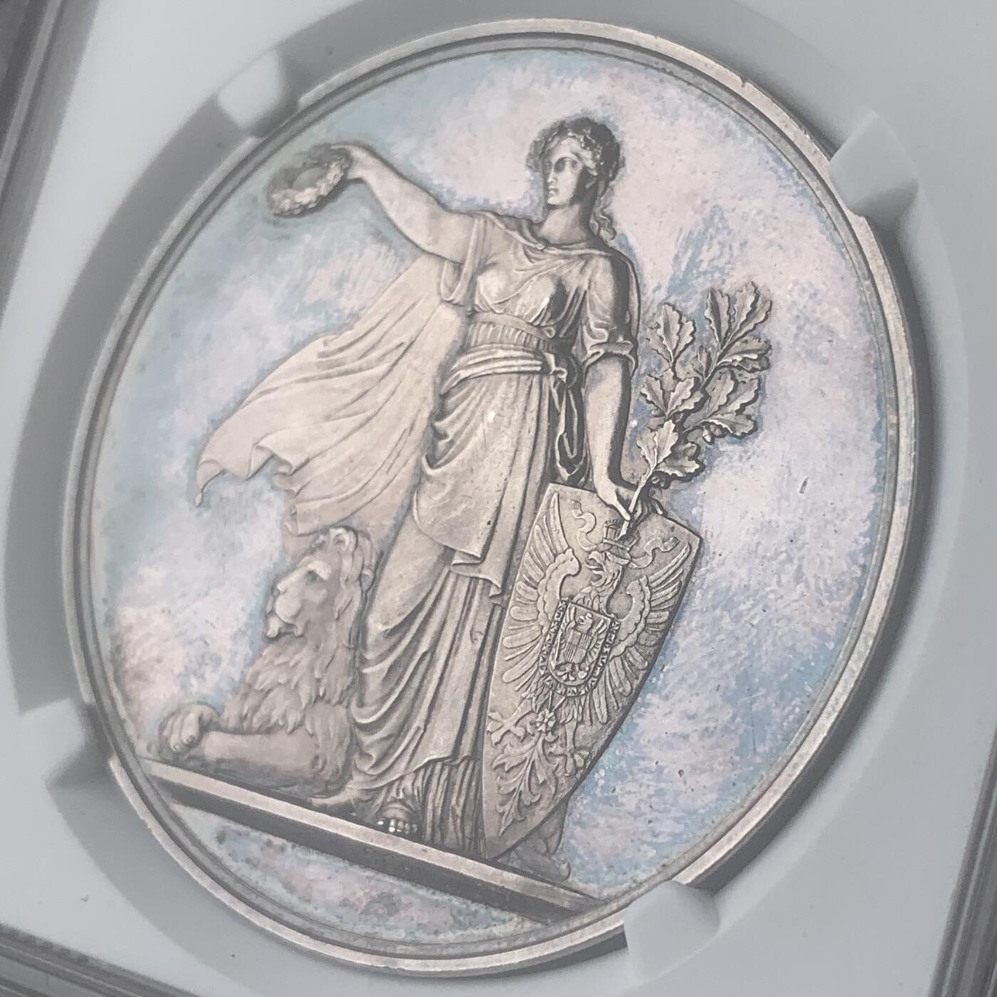 掌中浮雕-藏着的欧洲第034场 NGC MS63 : 1875年德国斯图加特射击节银章，41mm，带原盒