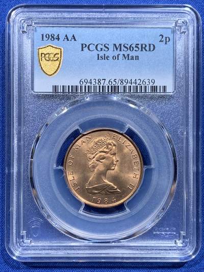 《竞宝斋》第412场 周日，周一，周二，3场连拍 （全场包邮） - PCGS MS65RD 英属马恩岛 1984 2便士马恩岛隼铜币