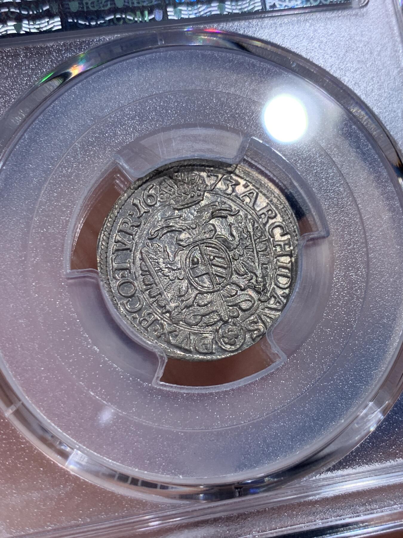 《竞宝斋》第412场 周日，周一，周二，3场连拍 （全场包邮） PCGS MS65 神圣罗马帝国1673年利奥波德一世3克鲁泽银币 冠军分，无与伦比的光泽和品相，极其难得，第二名只有58分