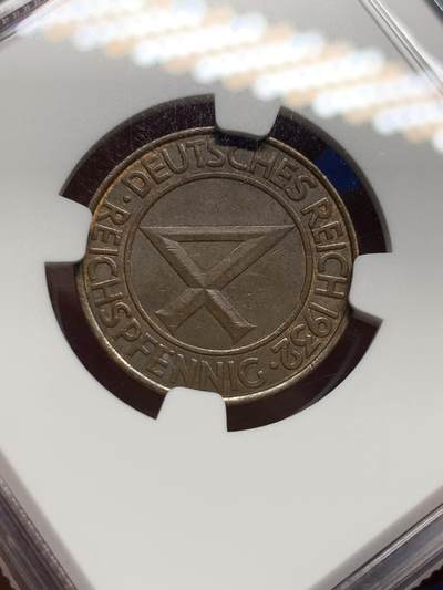 《竞宝斋》第412场 周日，周一，周二，3场连拍 （全场包邮） NGC MS62BN 德国 1932A 魏玛共和国4芬尼铜币，面值少见，巧克力包浆漂亮。