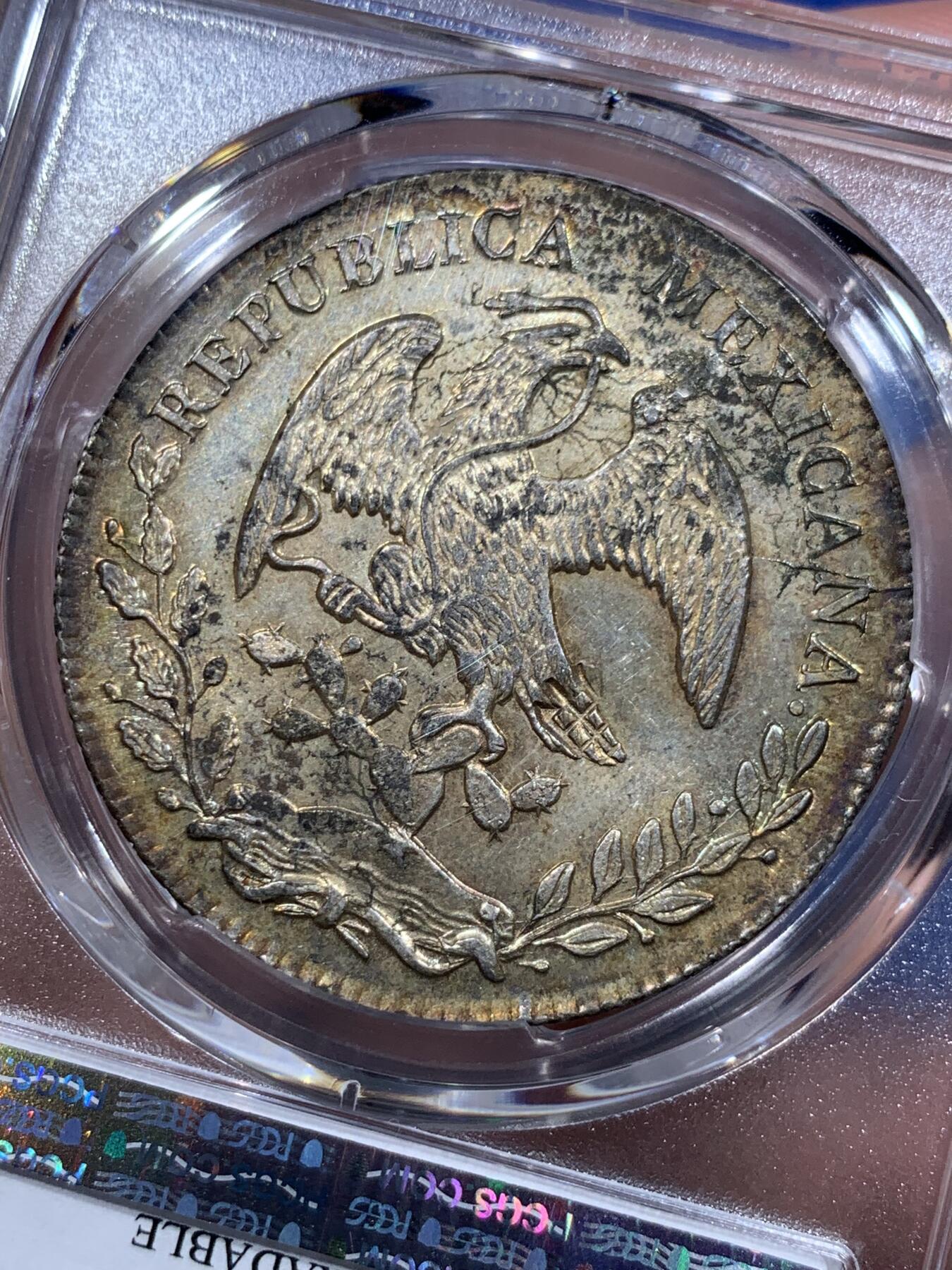 《竞宝斋》第412场 周日，周一，周二，3场连拍 （全场包邮） PCGS UNC 1884年墨西哥鹰洋大银币 黄油车轮光，有寓意极好的全字戳，观感极佳
