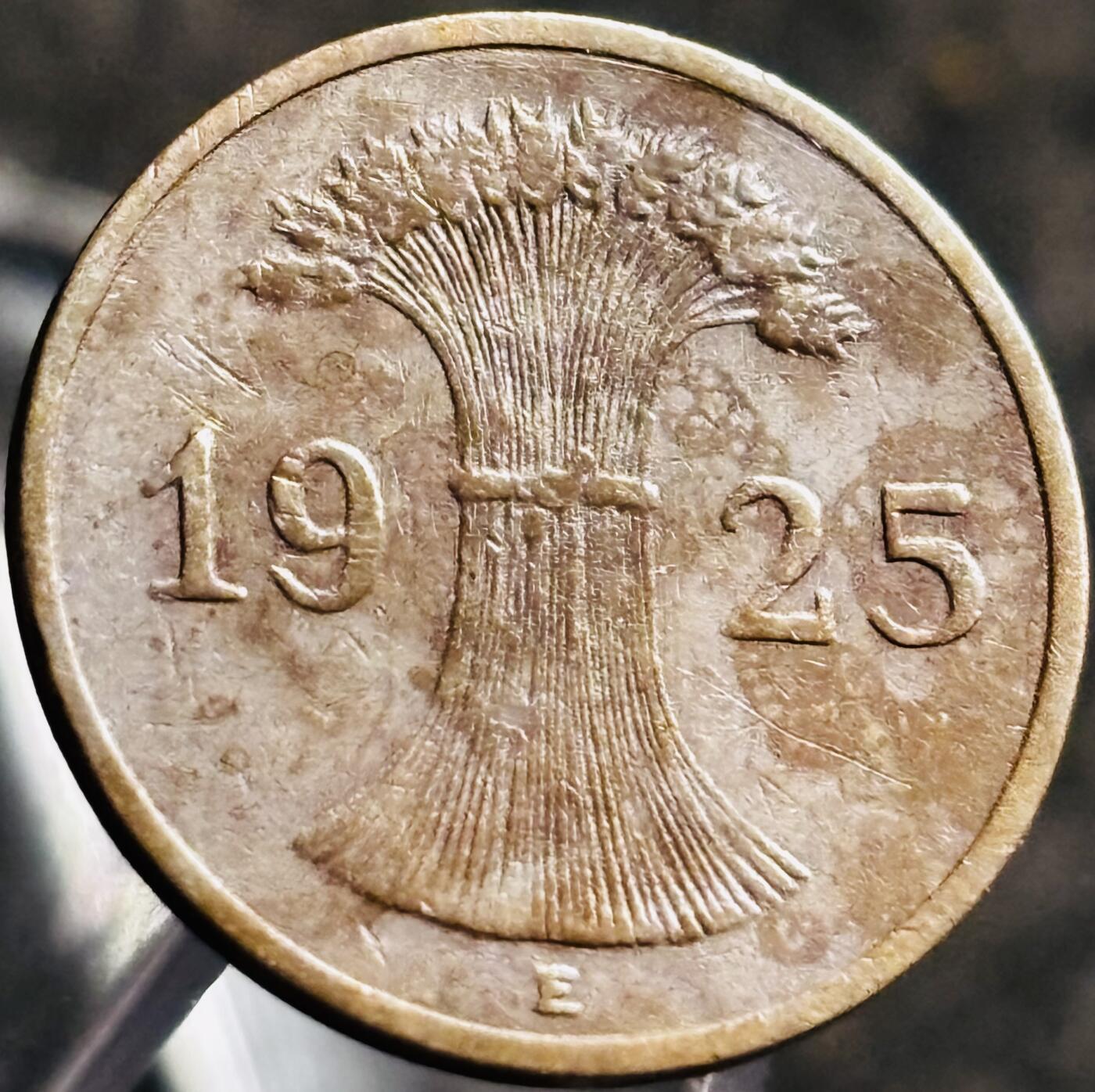 文馨钱币收藏第 268 场，长期接收代拍品 极美品 1925 年魏玛共和国 1 芬尼铜币 E 版
