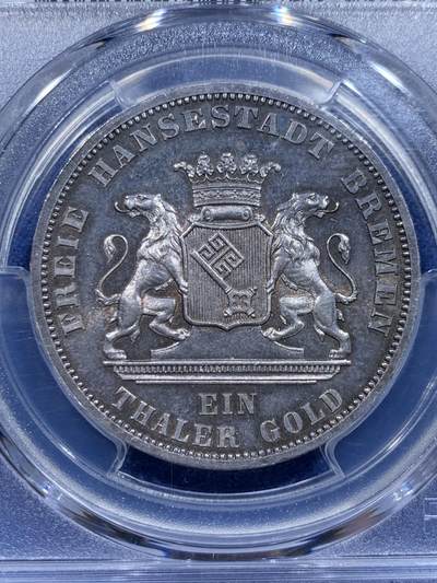 《竞宝斋》第412场 周日，周一，周二，3场连拍 （全场包邮） PCGS MS63 德国1871年不莱梅自由市普法战争胜利纪念1泰勒银币 原味老包浆转光 高点明显