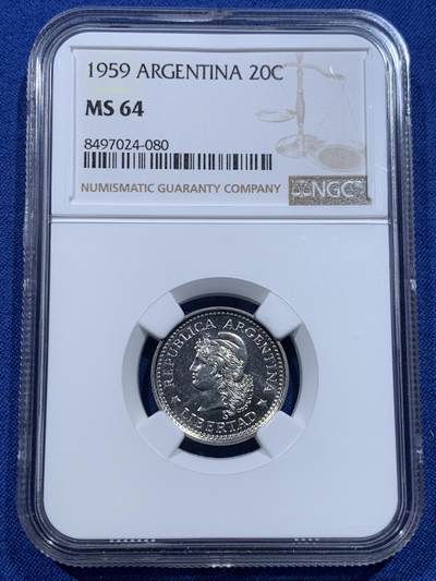 《竞宝斋》第412场 周日，周一，周二，3场连拍 （全场包邮） - NGC MS64 阿根廷1959年20分铜镍币 少见面值！阿根廷女神！