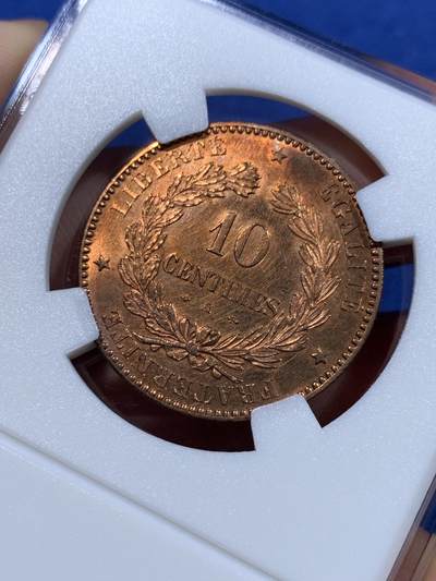 《竞宝斋》第412场 周日，周一，周二，3场连拍 （全场包邮） 法国1872年谷物女神10分铜币 高细节好品