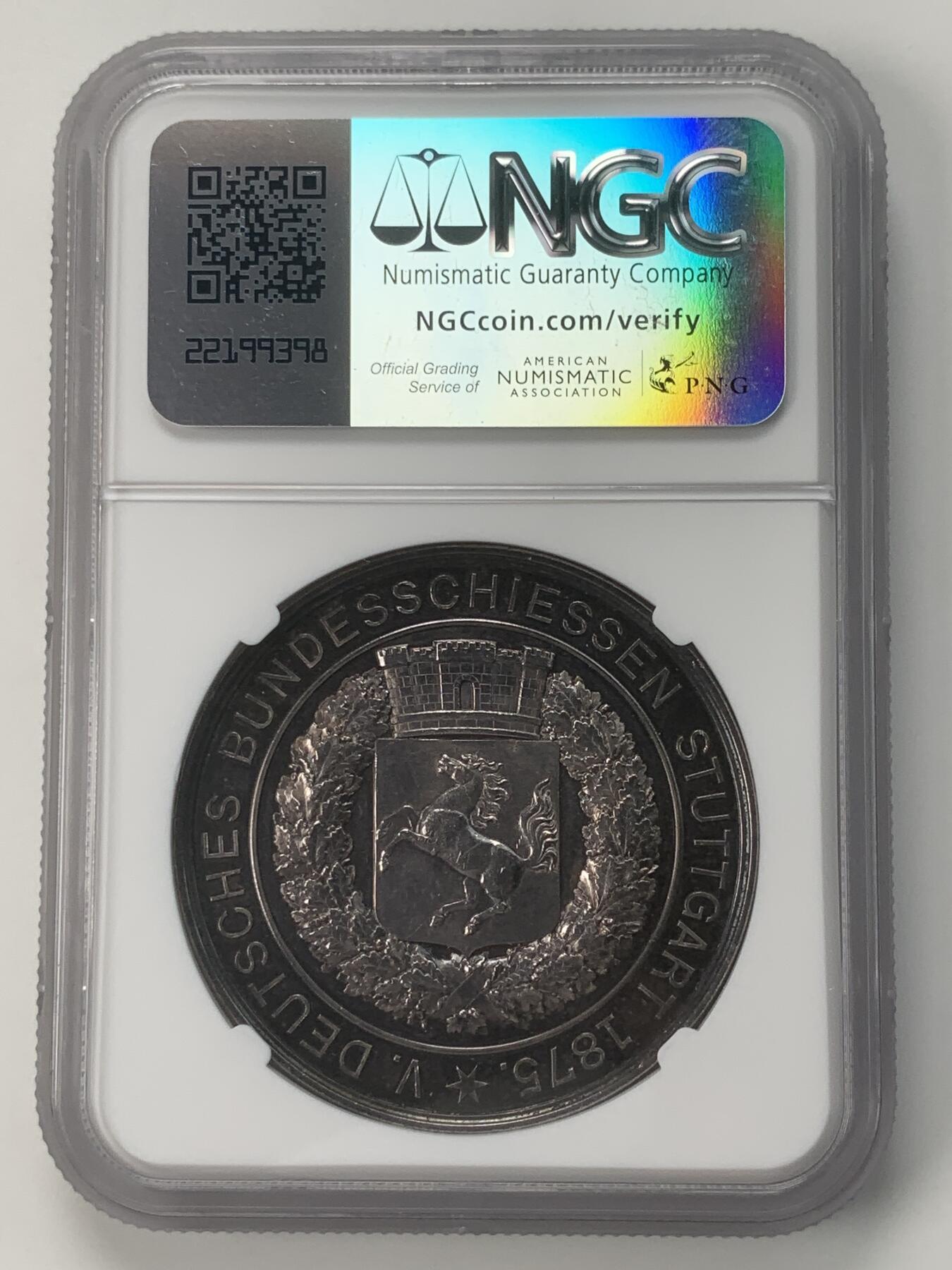 掌中浮雕-藏着的欧洲第034场 NGC MS63 : 1875年德国斯图加特射击节银章，41mm，带原盒