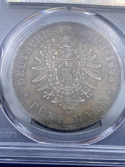 《竞宝斋》第412场 周日，周一，周二，3场连拍 （全场包邮） PCGS MS61 德国1888年普鲁士三皇年弗雷德里希三世短翅5马克 非常难得的醇厚酱彩包浆