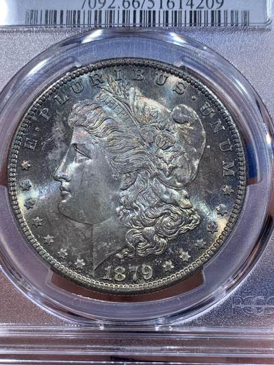 《竞宝斋》第412场 周日，周一，周二，3场连拍 （全场包邮） PCGS MS66 美国 1879年 1美元 摩根银币 较少年份+高分+双面五彩包浆 集合美系众多收藏特点 一步到位的收藏