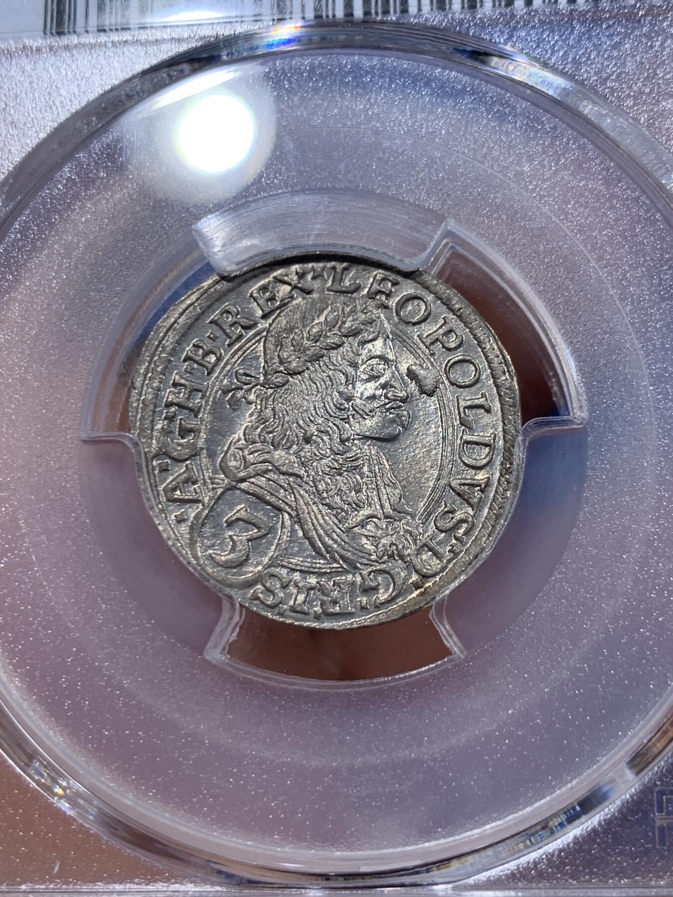 《竞宝斋》第412场 周日，周一，周二，3场连拍 （全场包邮） PCGS MS65 神圣罗马帝国1673年利奥波德一世3克鲁泽银币 冠军分，无与伦比的光泽和品相，极其难得，第二名只有58分