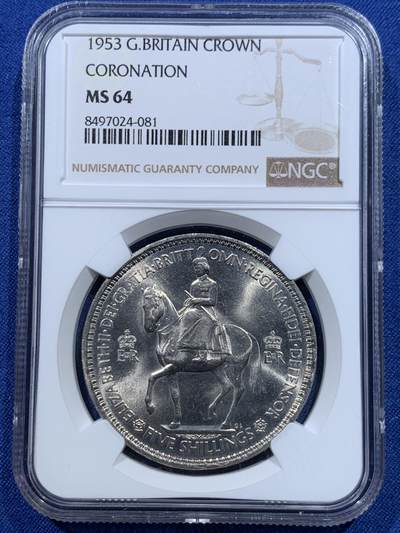《竞宝斋》第412场 周日，周一，周二，3场连拍 （全场包邮） - NGC MS64 英国1953年伊丽莎白二世登基纪念克朗币 车轮光状态漂亮！